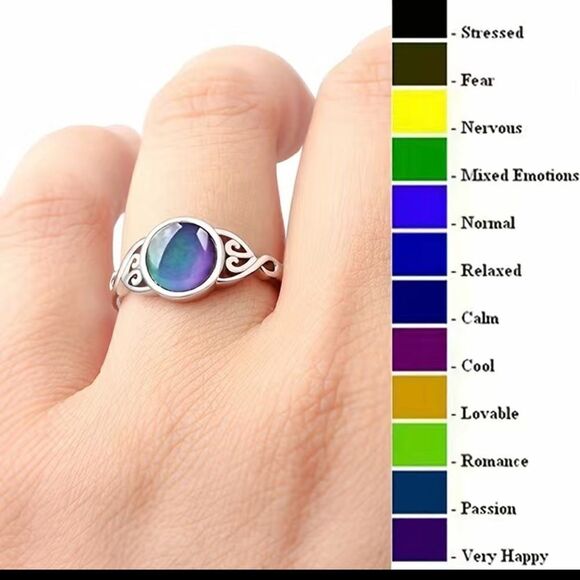 Mood Ring Body Temperature Changing Glass Silver Tone Band Sz 8 NWOT Gorgeous - Picture 1 of 2